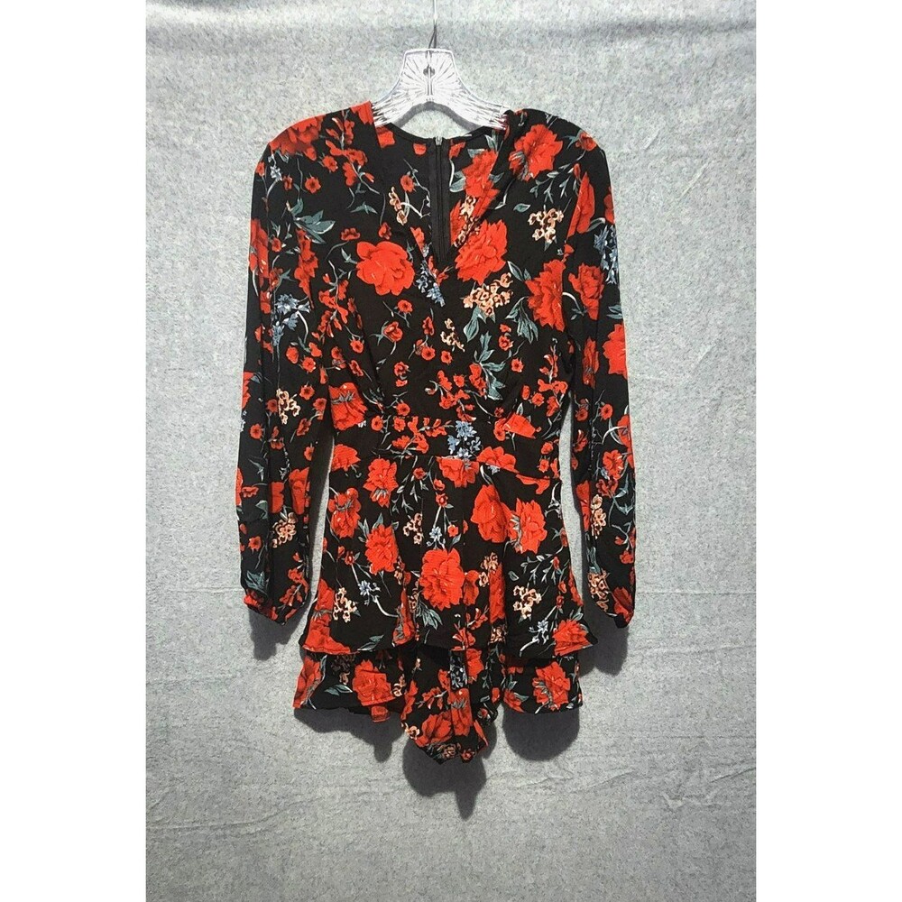 Women Ruffle Short V-Neck Long Sleeve Waist Tie Color Black and red, Size S
